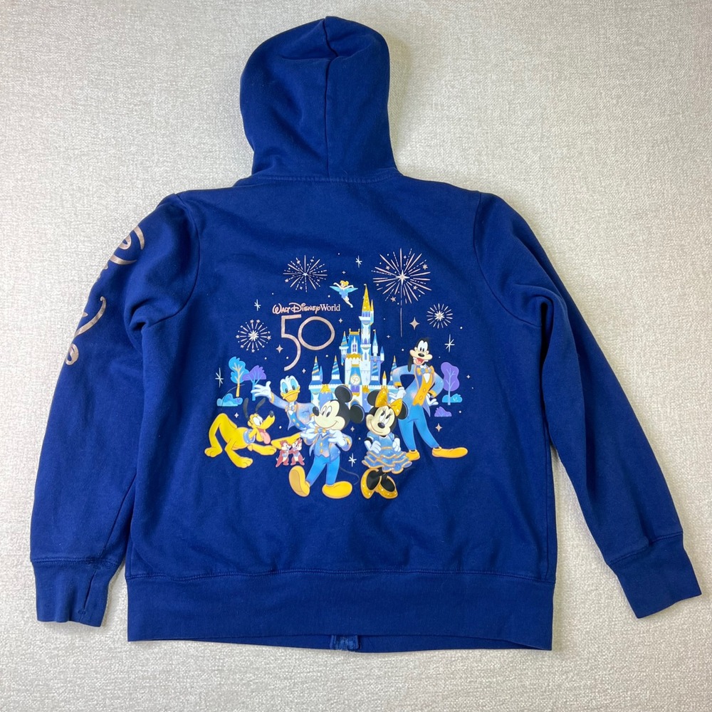 Disney World 50th Anniversary Blue Full Zip Hoodie XL Rose Gold Mickey Friends